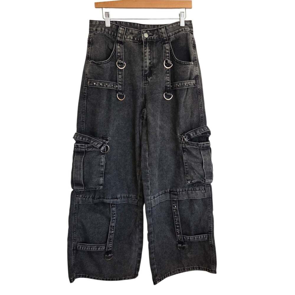 ROMWE Grunge Punk Strap Cargo Baggy Wide Leg Rave EDM Y2K Jeans US 8/10 L